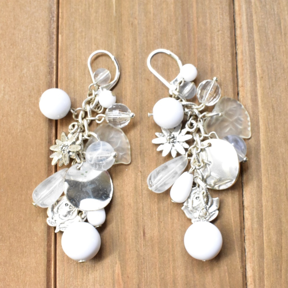 White and Silver Beaded Long Drop Earrings